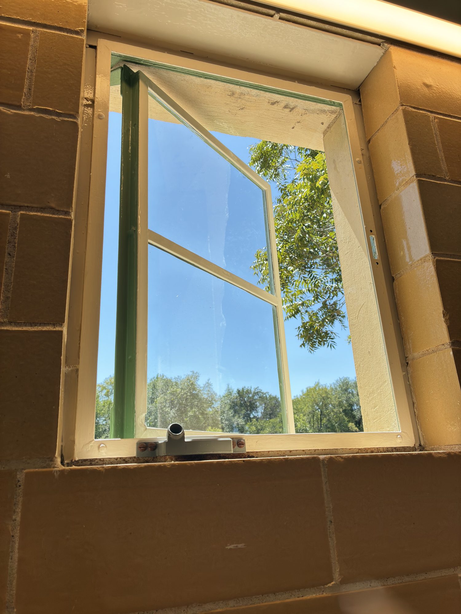 Restored steel window at the Barton Springs Bathhouse in Austin