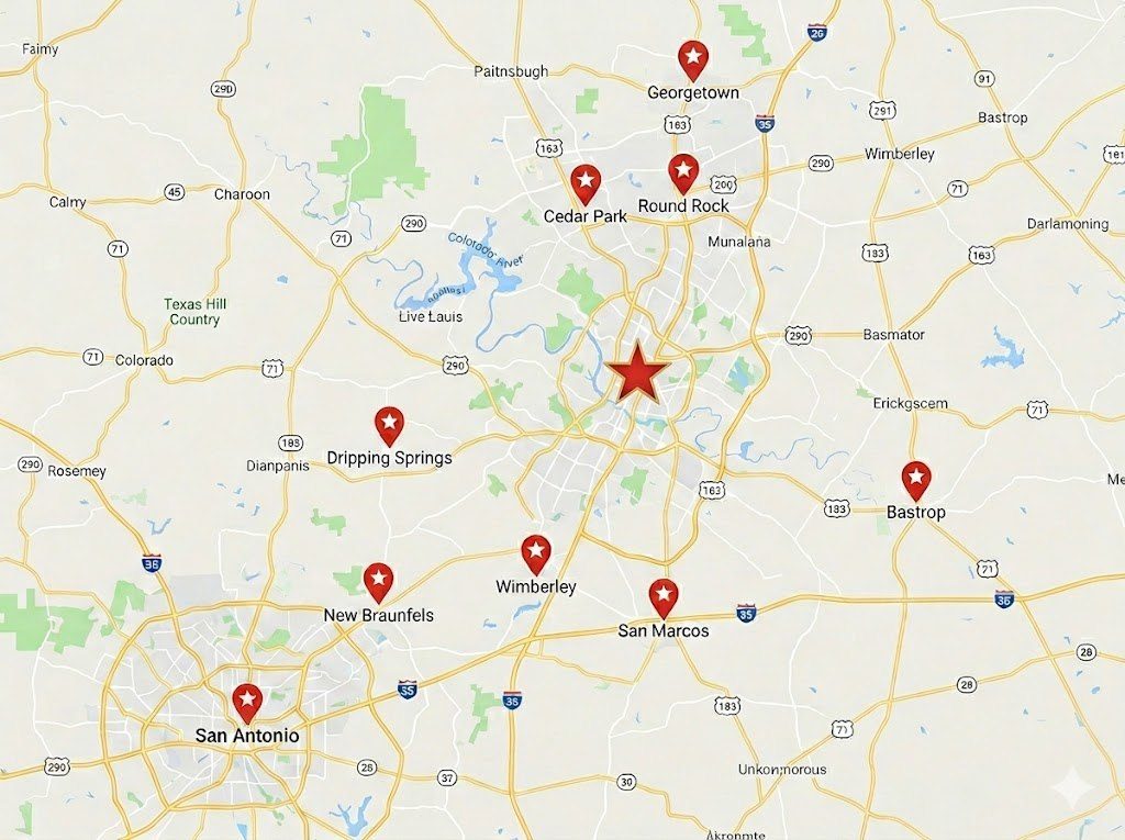 Barron Restorations service area — Central Texas from Georgetown to San Antonio